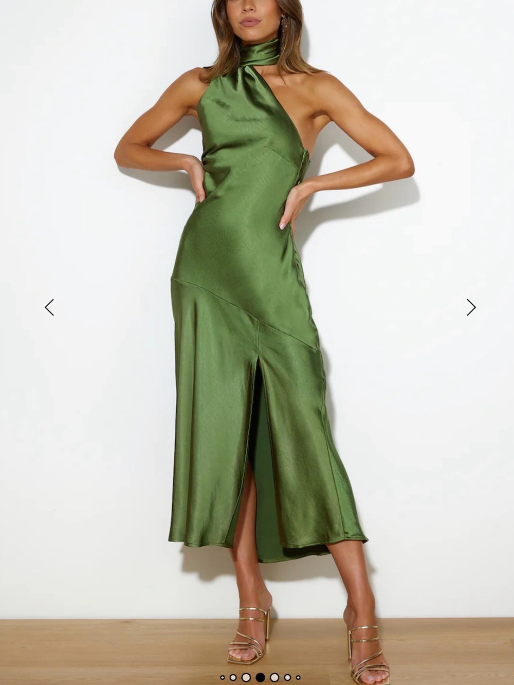Hello Molly Olive One-Shoulder Satin Midi Dress